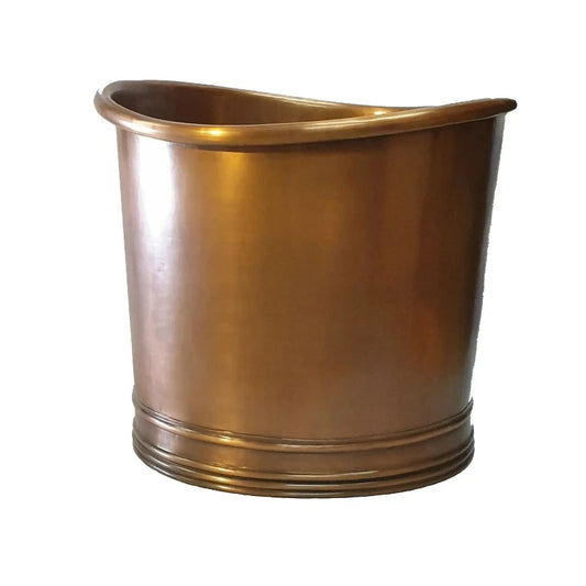 Coppersmith Creations Japanese Style Smooth Plain Antique Finish Copper Bathtub with a polished copper interior. The elegant design features a smooth finish, ideal for a stylish bathroom upgrade.