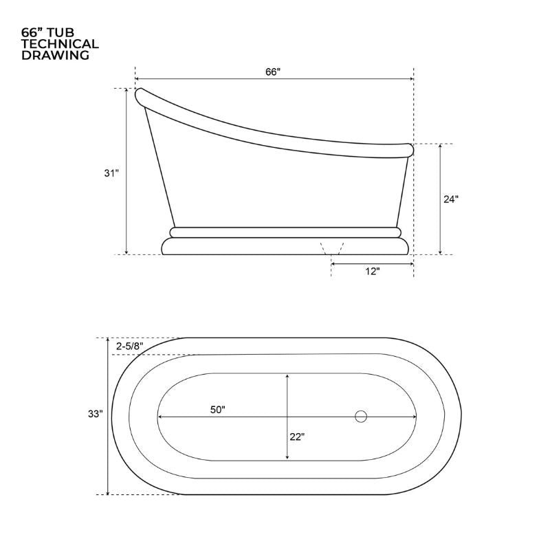 Coppersmith Creations Pedestal Single Slipper Copper Bathtub technical drawing