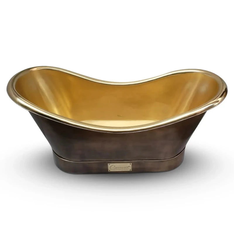 Coppersmith Creations Roll Top Brass Bathtub featuring a polished brass interior and an antique finish exterior. The elegant design showcases a smooth, curvaceous shape, making it a stunning addition to any bathroom.