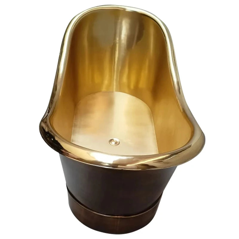 Coppersmith Creations Roll Top Brass Bathtub featuring a polished brass interior and an antique finish exterior. The elegant design showcases a smooth, curvaceous shape, making it a stunning addition to any bathroom. Side view