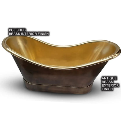 Coppersmith Creations Roll Top Brass Bathtub featuring a polished brass interior and an antique finish exterior. The elegant design showcases a smooth, curvaceous shape, making it a stunning addition to any bathroom. Front view.