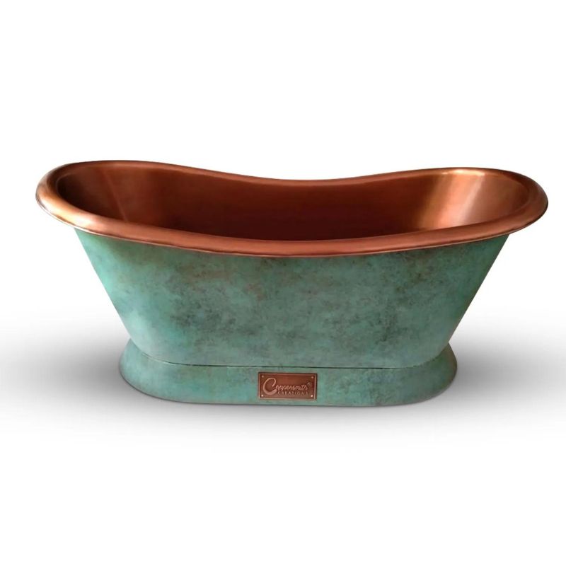 Coppersmith Creations Slanting Base Copper Bathtub Copper Interior & Blue Green Patina Exterior Finish 1680mm front view