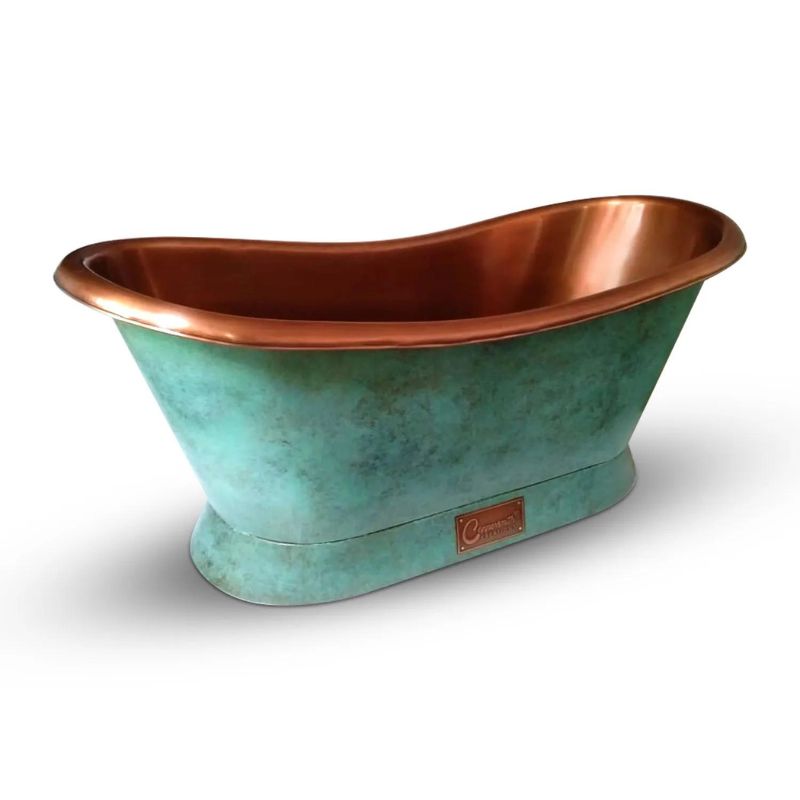 Coppersmith Creations Slanting Base Copper Bathtub Copper Interior & Blue Green Patina Exterior Finish 1680mm side angled view