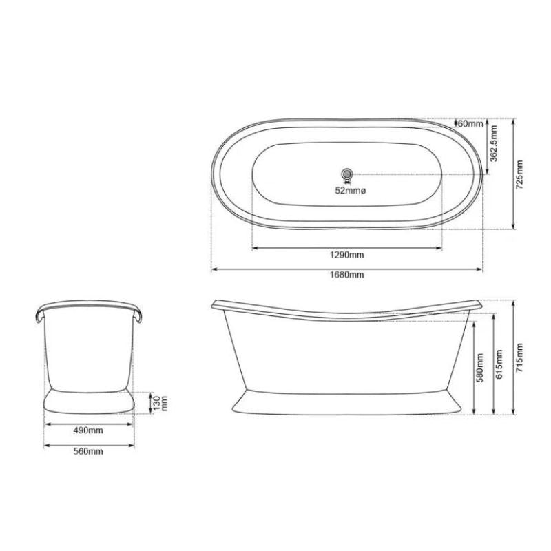 Coppersmith Creations Slanting Base Copper Bathtub Copper Interior & Blue Green Patina Exterior Finish 1680mm technical drawing