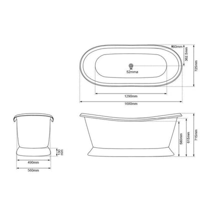 Coppersmith Creations Slanting Base Copper Bathtub Full Black Exterior 1680mm technical drawing