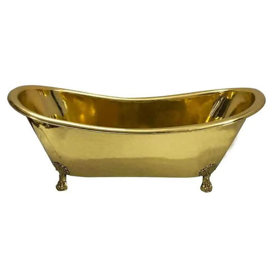 Luxurious polished brass clawfoot bathtub with a smooth finish and elegant double-slipper design, featuring ornate claw feet and timeless craftsmanship - front view