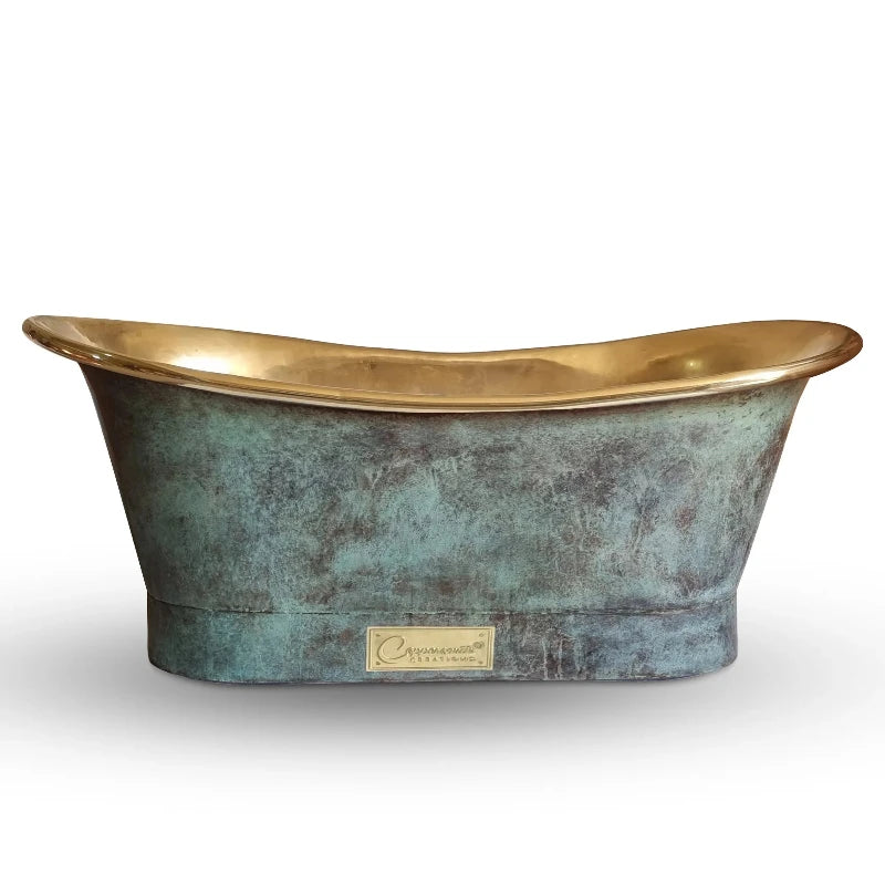 Straight Base Brass Bathtub featuring a blue-green patina exterior and a polished brass interior. The elegant design showcases a sleek, curved shape, making it a stunning centerpiece for any bathroom from Bathroom Passion