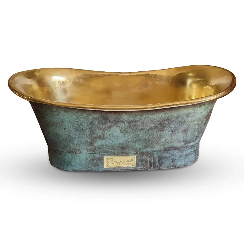 Straight Base Brass Bathtub featuring a blue-green patina exterior and a polished brass interior. The elegant design showcases a sleek, curved shape, making it a stunning centerpiece for any bathroom from Bathroom Passion