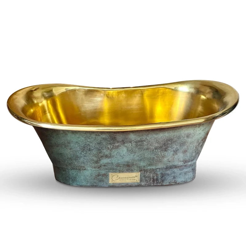 Straight Base Brass Bathtub featuring a blue-green patina exterior and a polished brass interior. The elegant design showcases a sleek, curved shape, making it a stunning centerpiece for any bathroom from Bathroom Passion