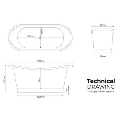 Coppersmith Creations Straight Base Copper Bathtub Antique Copper Interior & Exterior 1700mm technical drawing