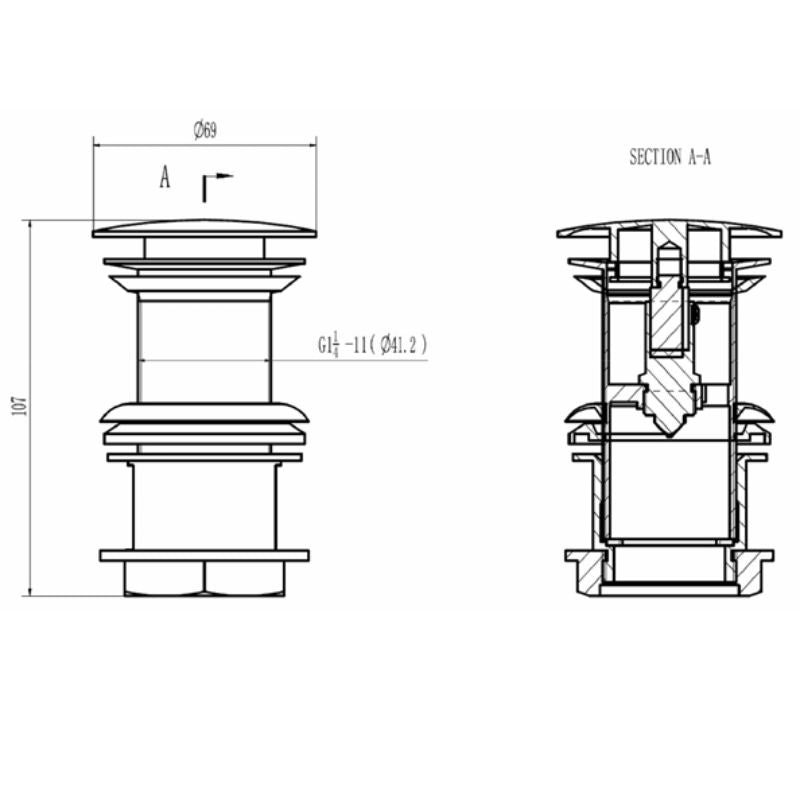 BC Designs Push down wastes for basins only, unslotted technical drawing