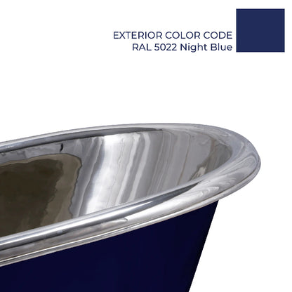 Slanting Base Copper Bathtub Nickel Inside & on Base RAL5022 Night Blue Outside 1600mm focusing on the edge of the bath in nickel roll top