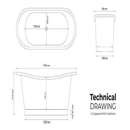 Coppersmith Creations Straight Base Copper Bathtub Full Nickel Finish 1700mm technical drawing