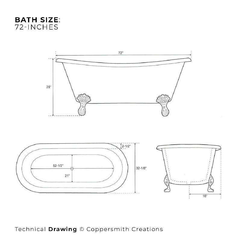 Coppersmith Creations Hammered Clawfoot Copper Bathtub Antique Finish Interior & Patina Exterior 1830mm technical drawing