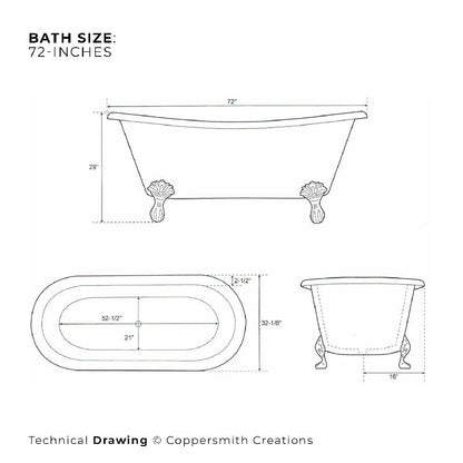 Coppersmith Creations Hammered Clawfoot Copper Bathtub Antique Finish Interior & Patina Exterior 1830mm technical drawing