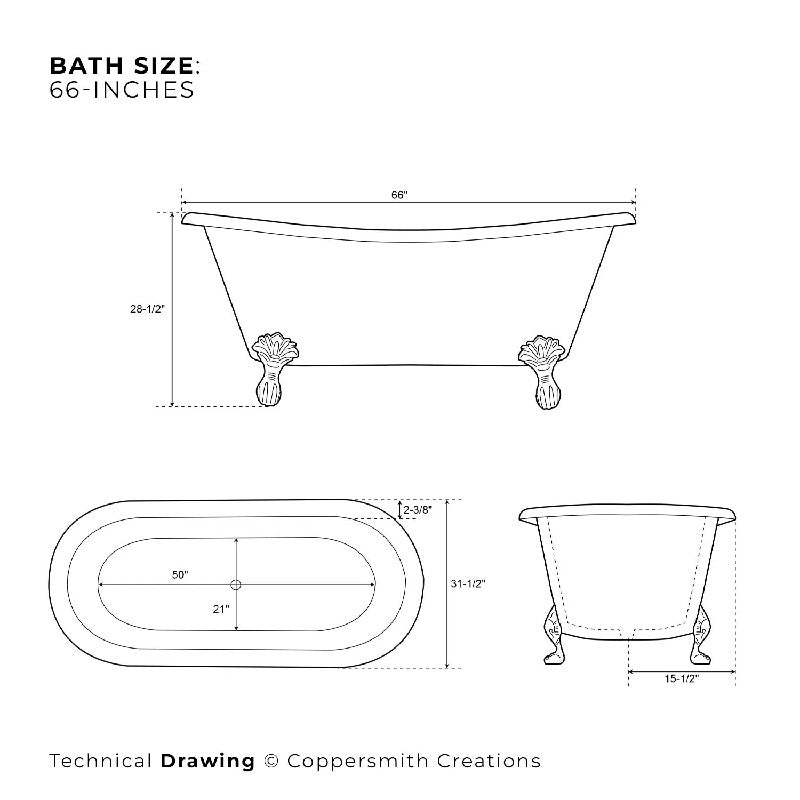 Coppersmith Creations Hammered Clawfoot Copper Bathtub Antique Finish Interior & Patina Exterior 1680mm technical drawing 