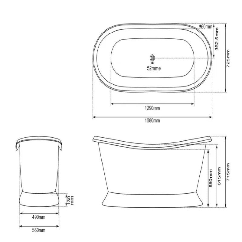 Coppersmith Creations Slanting Base Copper Bath Plain Antique Finish 1680mm technical drawing 