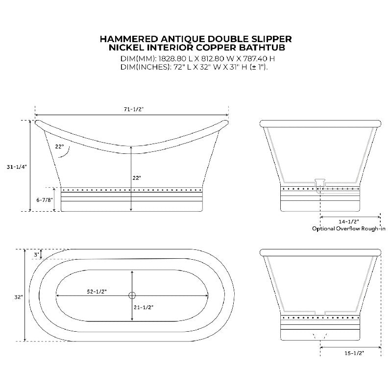 Coppersmith Creations Smooth Double Slipper Nickel Interior Copper Bathtub 1830mm technical drawing