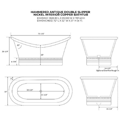 Coppersmith Creations Smooth Double Slipper Nickel Interior Copper Bathtub 1830mm technical drawing