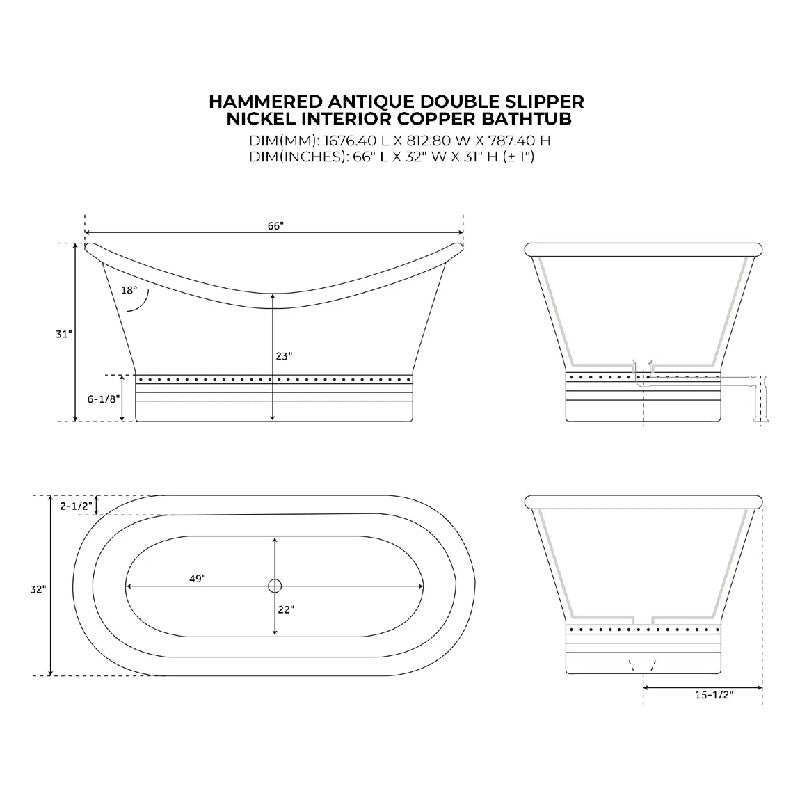 Coppersmith Creations Smooth Double Slipper Nickel Interior Copper Bathtub 1680mm technical drawing