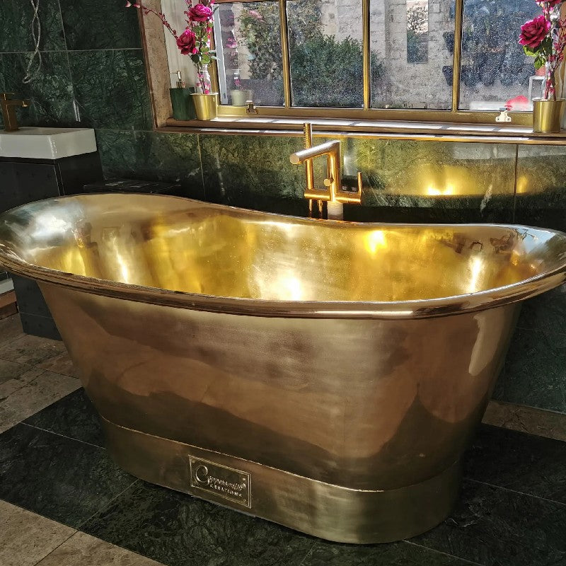 Coppersmith Creations Straight Base Brass Bathtub Full Polished Brass Finish 1700mm side view with brass tap