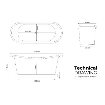 Straight Base Copper Bathtub Nickel Interior Finish & Patinated Lead Finish Exterior 1700mm technical drawing