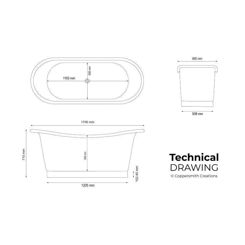 Coppersmith Creations Straight Base Copper Bathtub Full Polish Copper Finish 1700mm technical drawing