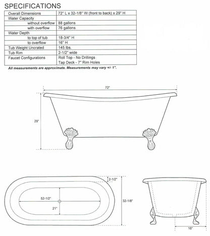 technical drawing - Coppersmith Creations Copper Clawfoot Bathtub Nickel Interior & Copper Exterior 1830mm