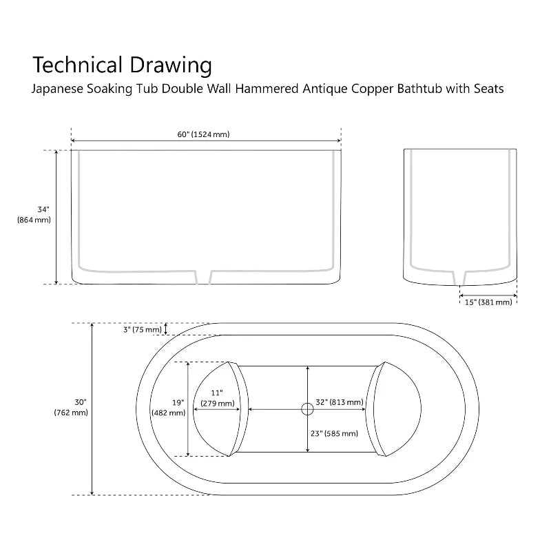 Coppersmith Creations Japanese Soaking Tub Double Wall Hammered Antique Copper Bathtub - technical drawing