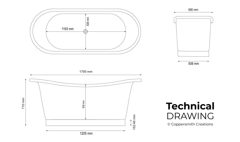 Technical drawing for Straight Base Brass Bathtub featuring a blue-green patina exterior and a polished brass interior. 